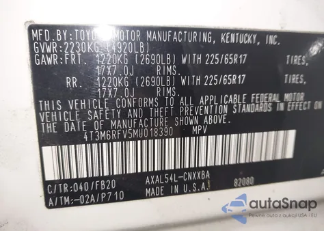 2021 Toyota Rav4 Hybrid Le из США, поврежденный, VIN 4T3M6RFV5MU018390